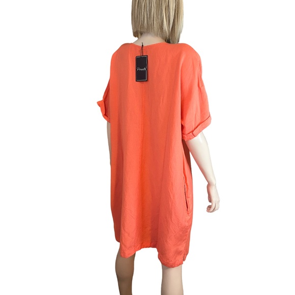 Paradis Linen & Rayon Dress Tunic Style Short sleeve Hip Pockets Versatile Peach - Picture 9 of 15